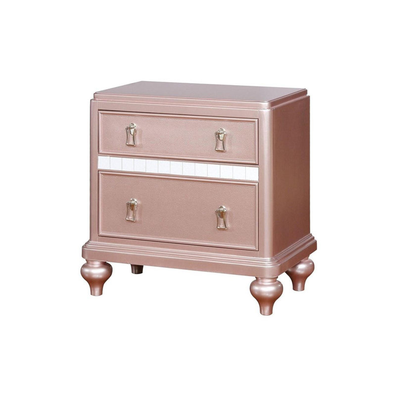 Table de chevet 2 tiroirs en bois avec bordure miroir, or rose