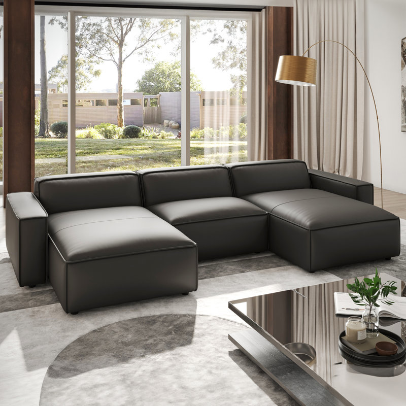 Canapé modulaire en cuir Valencia Analline Valencia, Cuir noir, H 28 po x l 124 po x P 66 po