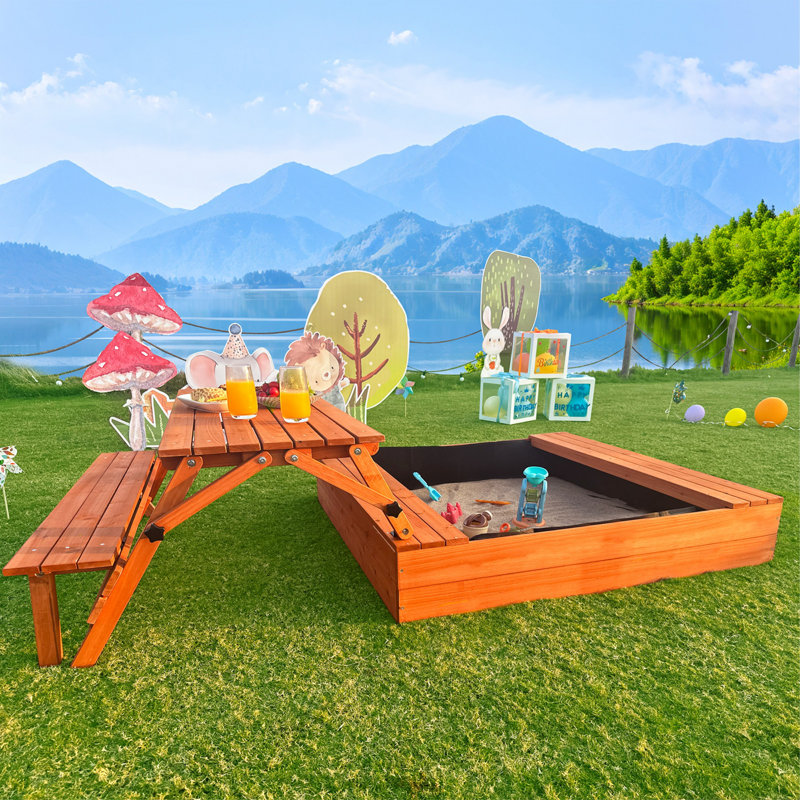 76" Fir Wood Outdoor Sandbox with Convertible Picnic Table and Seats