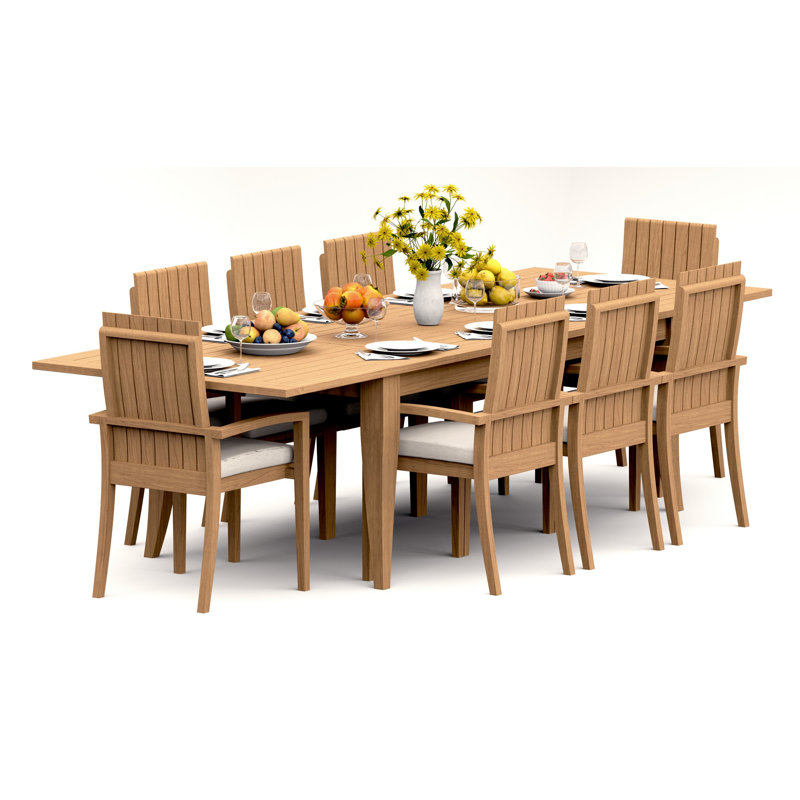 Ensemble de salle à manger 9 pièces en bois de teck de qualité A: table rectangulaire double extension Atnas de 122 po et chaises empilables Ansari # 11GO2808