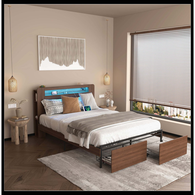 Base de lit en bois avec plateforme pour grand lit et tablette avec bibliothèque et 2 tiroirs de rangement, tête de lit à DEL avec rangement, sans bruit, aucun sommier requis et assemblage facile, brun