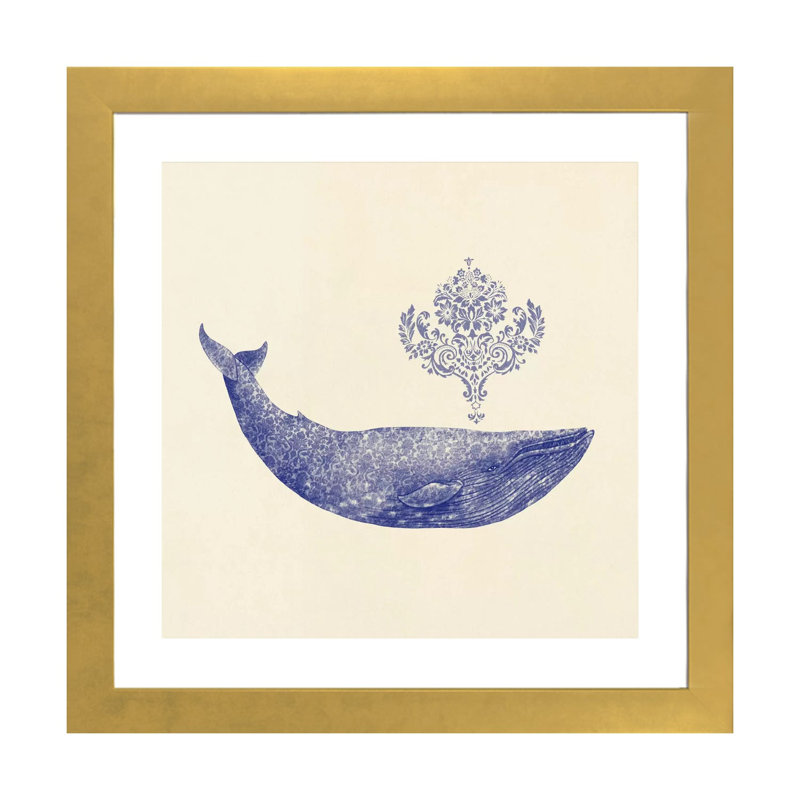 «Damask Whale Square # 2» par Terry Fan - impression, H 16 po x l 16 po x p 1 po, Papier encadré doré, Blanc