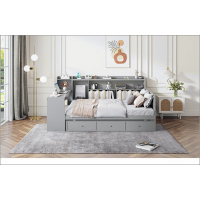 Lit de jour double en bois avec 3 tiroirs, ports USB et bureau, gris - parfait pour une vie moderne et fonctionnelle