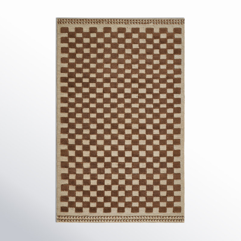 Tapis géométrique en laine tissé à plat à la main Azle en brun / beige, Rectangle 8 pi x 10 pi