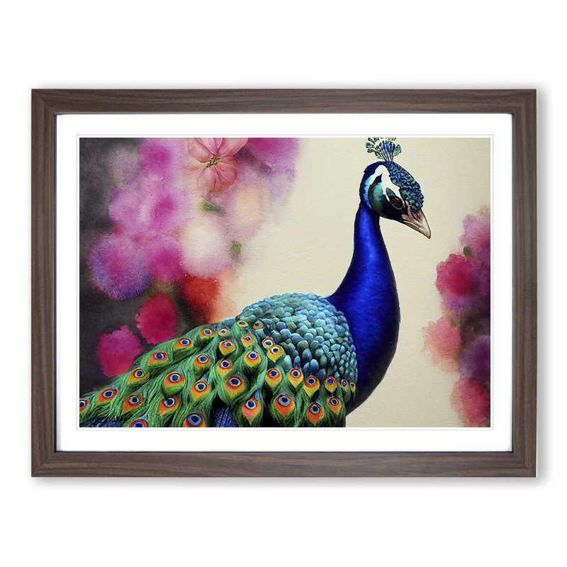XH1022-6856X Peacock Watercolour - Picture Frame Print, 46cm H x 64cm W x 2cm D, Brown