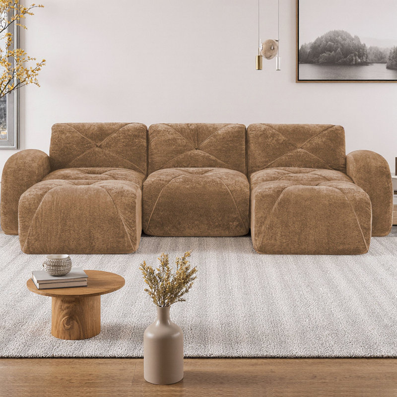 Canapé modulaire en forme de U avec repose-pieds mobile, tissu de velours capitonné et éponge à haute densité 32D, aucun assemblage requis pour le cinéma maison et le bureau, combinaison gratuite