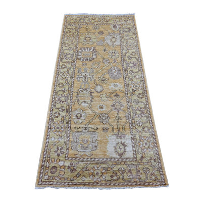 2'9"x6'2" Golden Brown, Afghan Angora Oushak with All Over Leaf Design, 100% Wool, Hand Knotted, Natural Dyes, Runner, Oriental Rug