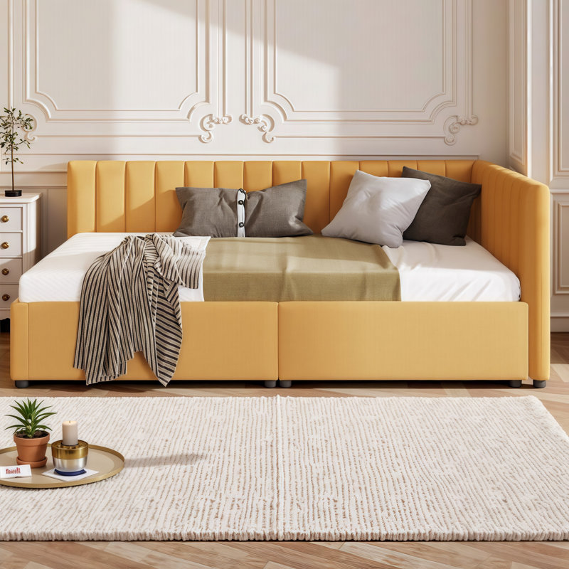Durable Upholstered Storage Daybed Twin/Full Size with 2 Drawers - No Box Spring Needed, Twin, Yellow