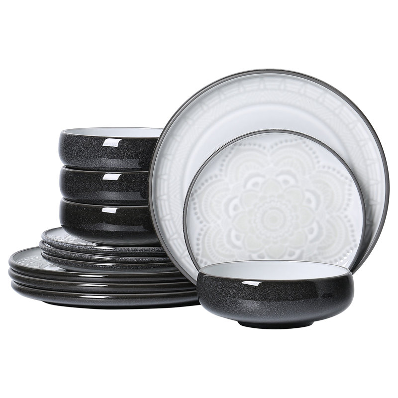  Service de table en grès 12 pièces ALOFMO Lotus Relief - Service for 4, Noir / blanc