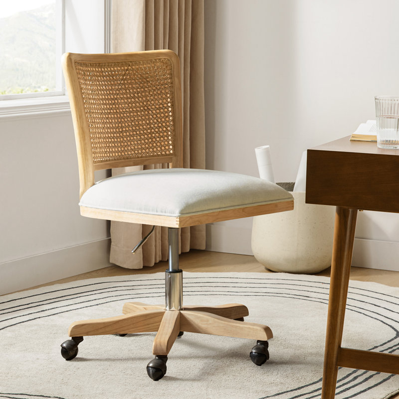 Deitra Farmhouse 33.5"H Rattan Swivel Task Chair with Solid Wood and Adjustable Height, Beige