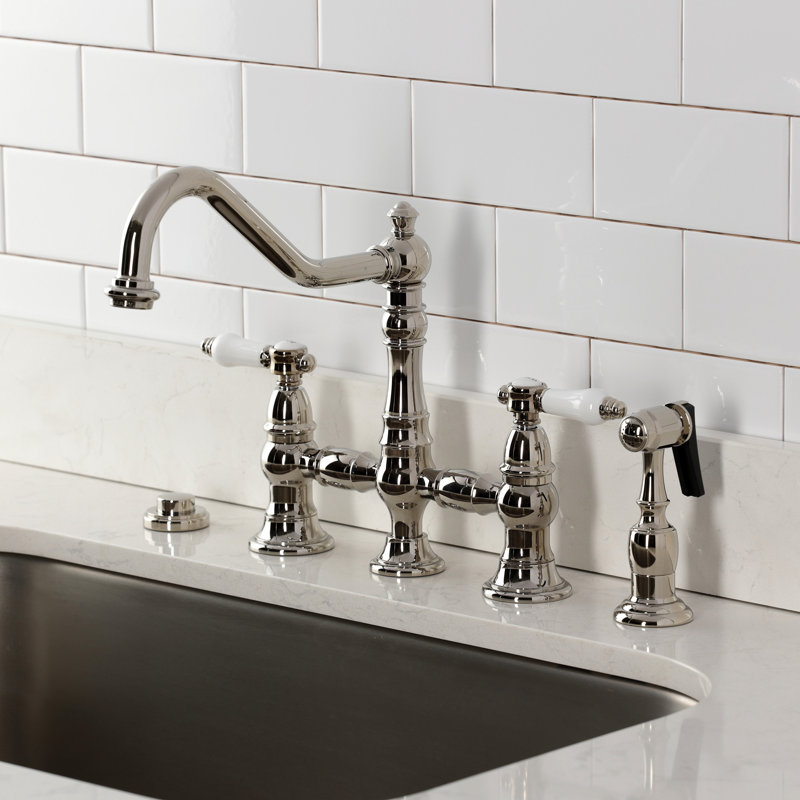 Kingston Brass Bel-Air Two-Handle 4-Hole Deck Mount Bridge Kitchen Faucet With Brass Side Sprayer, Polished Nickel