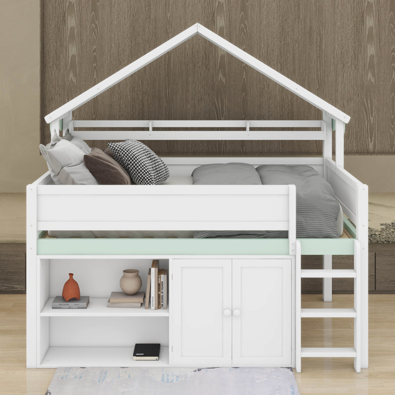 Full Size Loft Bed With Canopy Roof, White/Green