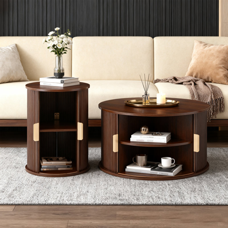 Ensemble de 2 tables basses rondes emboîtables, avec porte tambour ronde Mid-Century, Walnut