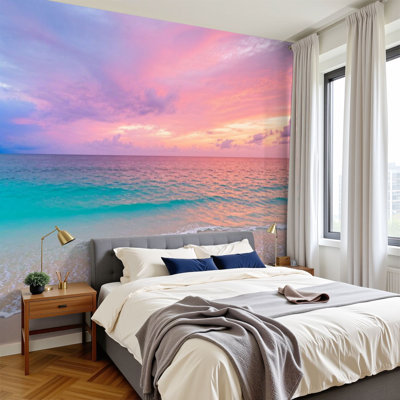 Papier peint 3D rose coucher de soleil plage côtière océan paysage mural auto-adhésif papier peint adhésif pour chambre à coucher salon dortoir décoration murale plafond autocollant