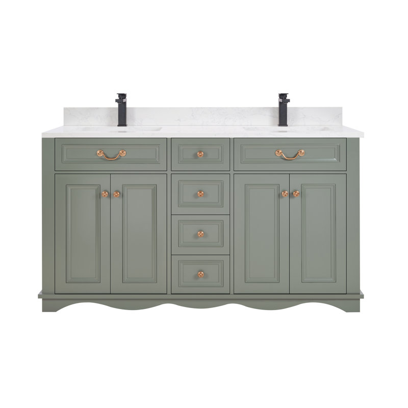 60" Solid Wood Sink Vanity  With 1' Artificial Stone Top, Pewter Green