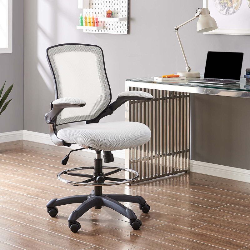 Gray Mesh Adjustable Swivel Drafting Stool with Flip-Up Arms