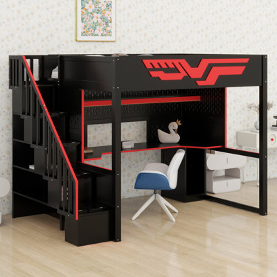 Functional Gaming Loft Bed Frame with Desk, Storage Stairs & LED Lighting