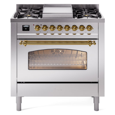 Cuisinière à double combustible ILVE Nostalgie II Series 36 po avec 6 brûleurs scellés et plaque de cuisson (gaz naturel, porte vitrée)