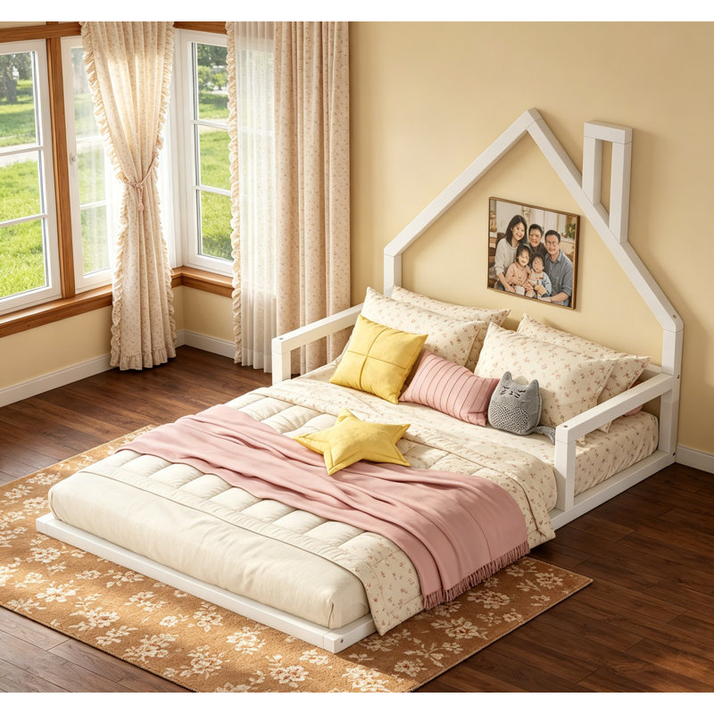 Lit double en bois massif avec tête de lit en forme de maison, robuste et élégant pour les chambres modernes
