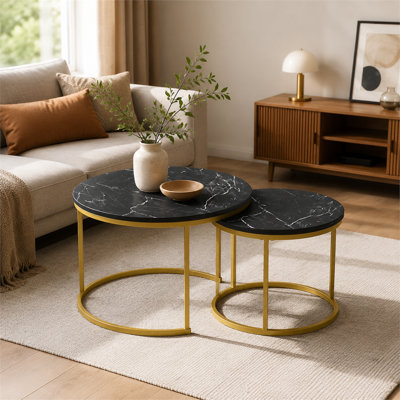 Round Nesting Coffee Table Set of 2, Marble Pattern Tops, Black Metal Frame