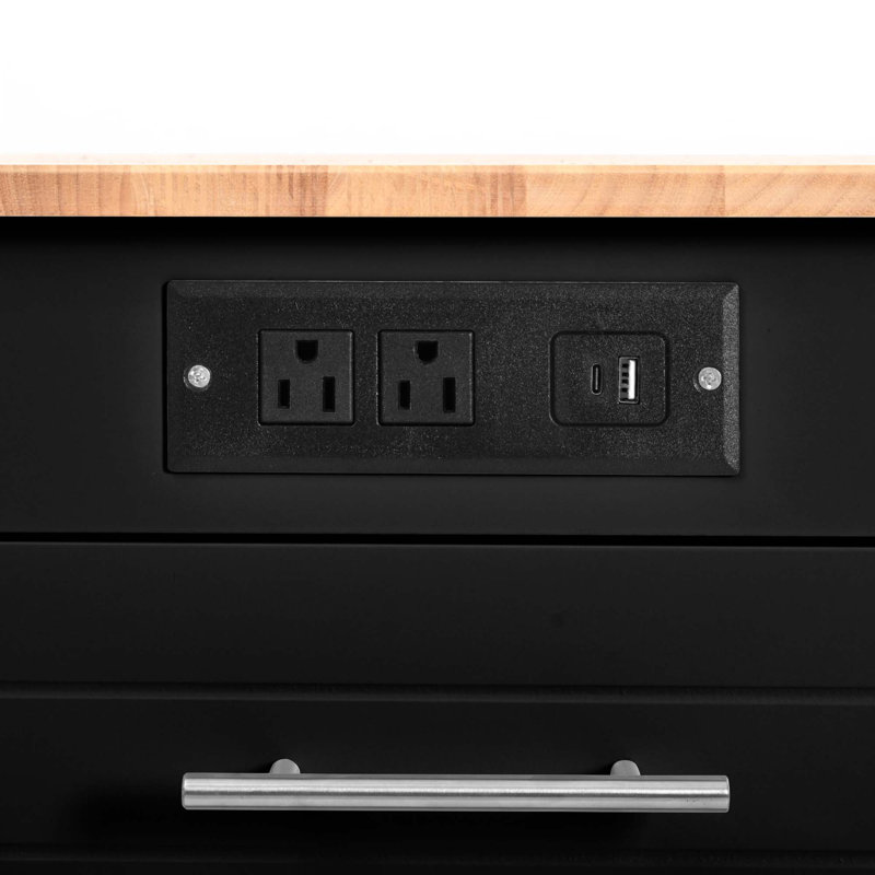 Îlot de cuisine cannelé avec armoire de rangement pour poubelle, prise de courant, 5 roulettes, 3 tiroirs, 3 supports latéraux ouverts pour poubelle de 10 gallons