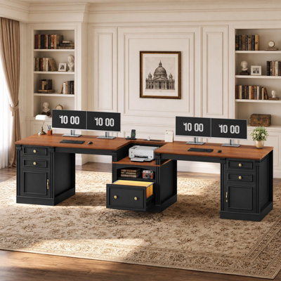 Bureau double 2 places 110 po avec tiroirs et armoire, avec prises électriques et espace pour imprimante, long bureau pour deux personnes, noir et brun
