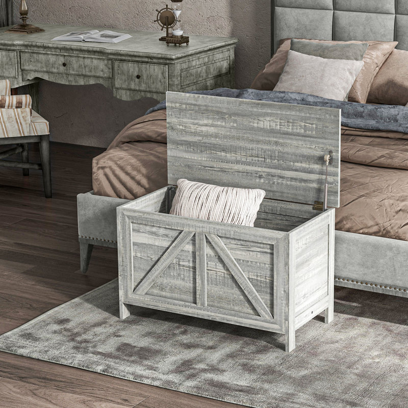 30" Storage Chest With Large Capacity - Gray Wood Grain For Bedroom, Living Area, Entryway Unit Hinge & Lift Top Entryway, Area
