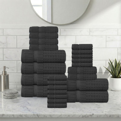 Ensemble de serviettes 24 pièces Willow - 100% coton peigné, qualité supérieure 630 g / m², gris foncé, ultra doux et très absorbant (6 serviettes de bain, 6 serviettes à main, 12 serviettes de toilette)