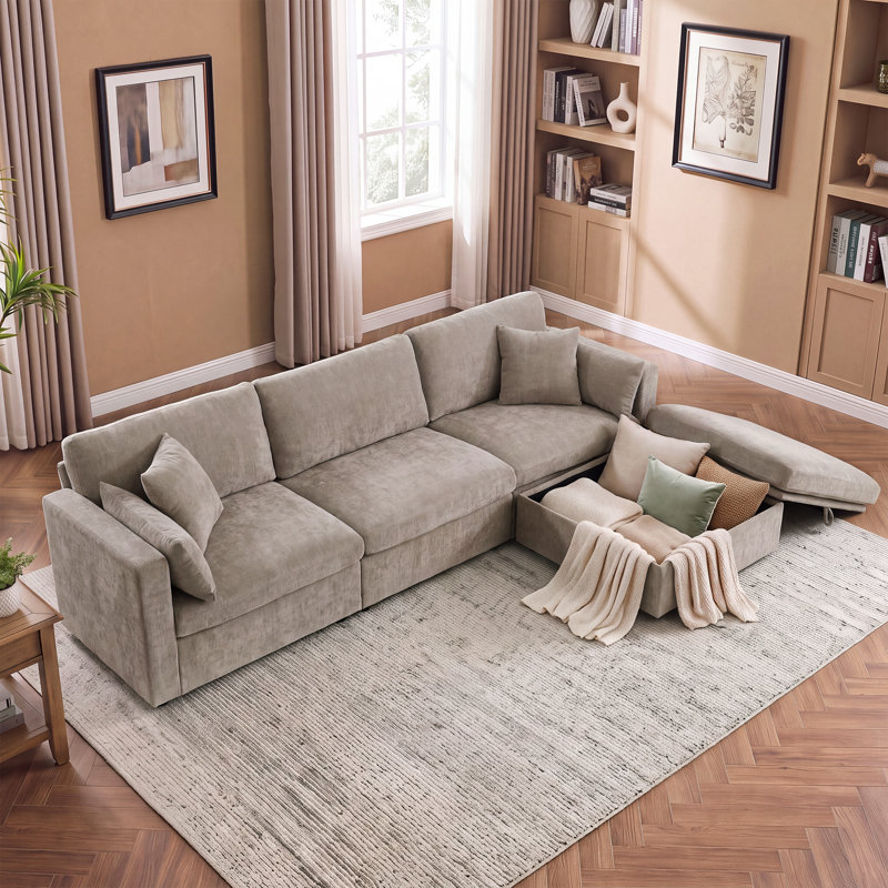 Canapé modulaire surdimensionné en L de 118,5 po à 4 places avec repose-pieds avec rangement, Chenille kaki