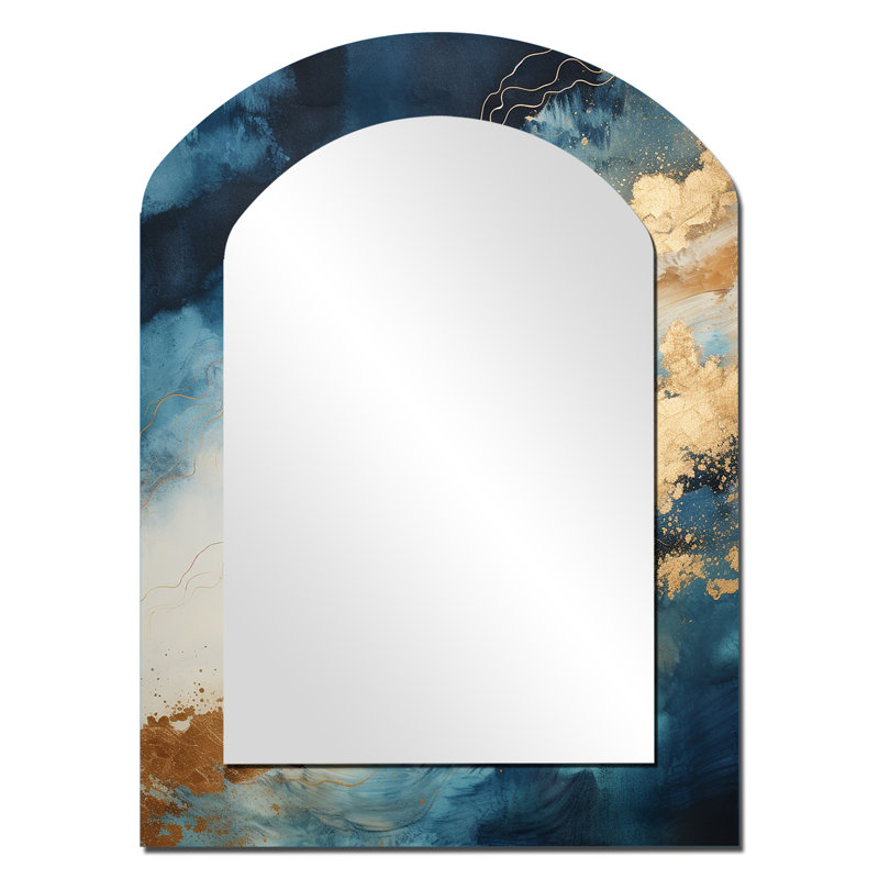 Blanc et bleu Goldern abstrait rivière I - miroir asymétrique Northern Lights, miroir mural unique arche beige, impression d'art en métal