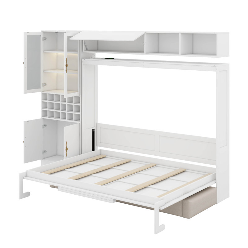 Lit escamotable mural Murphy avec canapé, USB et lumière, Blanc, Grand lit