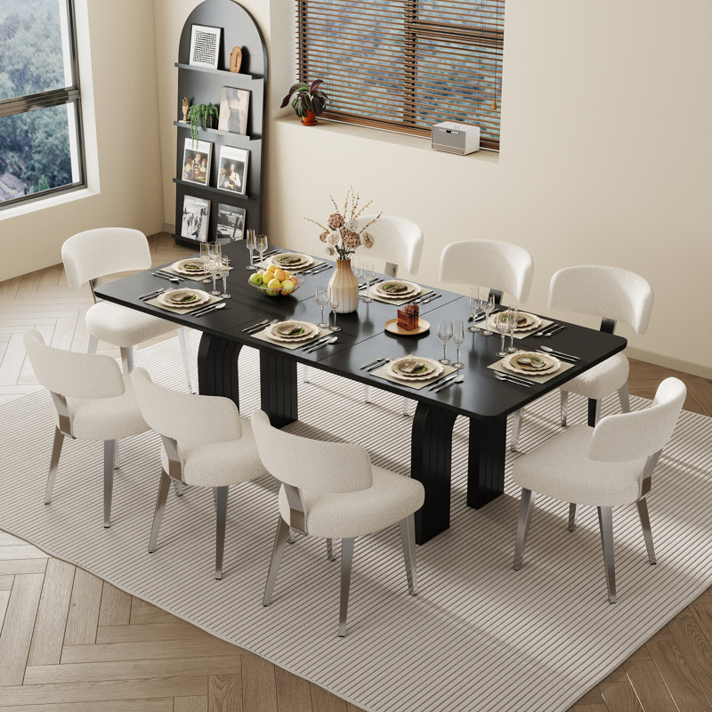 Ensemble de table et de salle à manger rectangulaires de 78 pouces avec deux pieds centraux pour 4 à 8 personnes, Noir, White