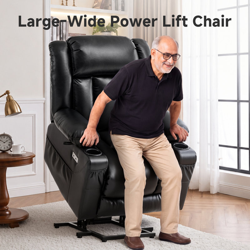 Dual Motor Power Lift Chair Recliner for Elderly with Massage and Heat, Infinite Position Electric Lift Recliner with USB A&C, Cup Holders (T6010 - Faux Leather, Black, Medium)
