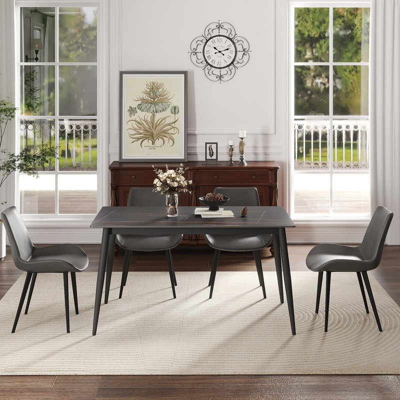 Table de salle à manger 55,25 po en pierre artificielle moderne à bord droit et pieds en métal pouvant accueillir 6 personnes (table de salle à manger seulement)
