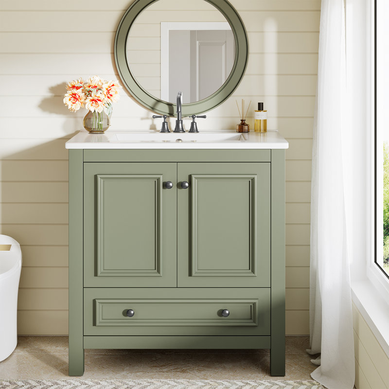 30" Solid Wood Frame Freestanding Bathroom Vanity with Sink, Door Organizer, Green, 30"