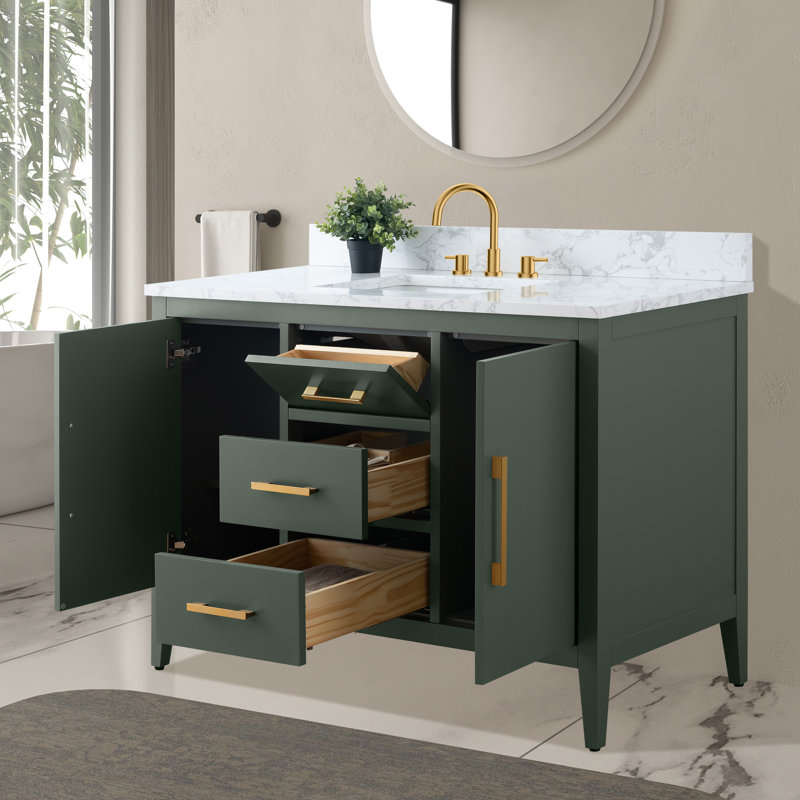 Meuble-lavabo simple 48 po avec plateau en marbre, Vert rétro, Doré brossé