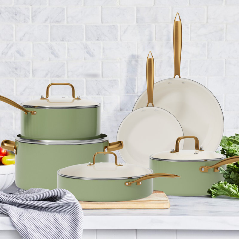 Batterie de cuisine en céramique antiadhésive 15 pièces, Vert
