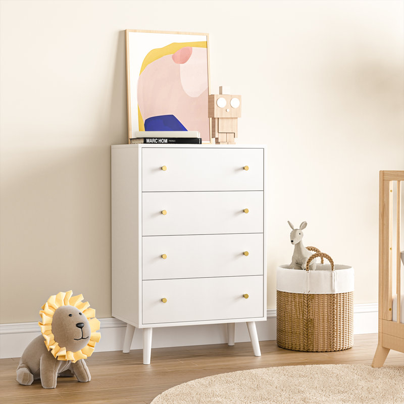 Commode à 4 tiroirs Burt, grande commode avec poignée dorée pour chambre à coucher, Blanc