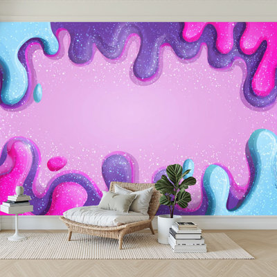 Peel and Stick Wallpaper 96" W x 69" H Modern Self Adhesive Wall Mural for Bedroom Glitter slime dripping pink Glossy texture girly colors pink purple