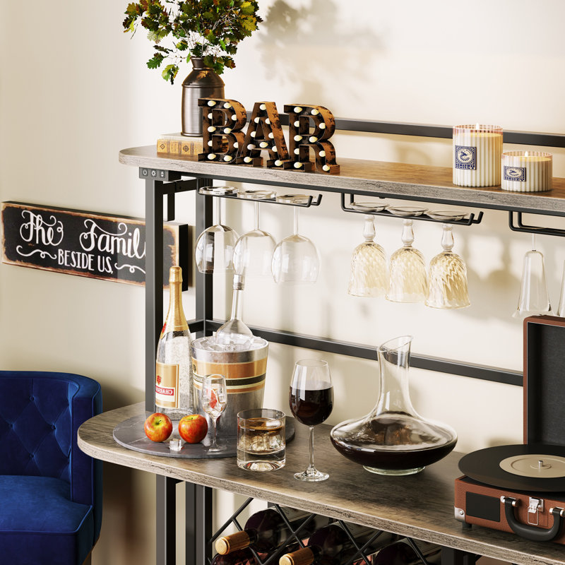 Wine Rack with LED Light, Bar Table Cabinet with Glass Holder, Freestanding Coffee Bar Storage Shelves, 5-Tier Liquor Cabinet for Kitchen, Dining Room, Living Room,43.3"
