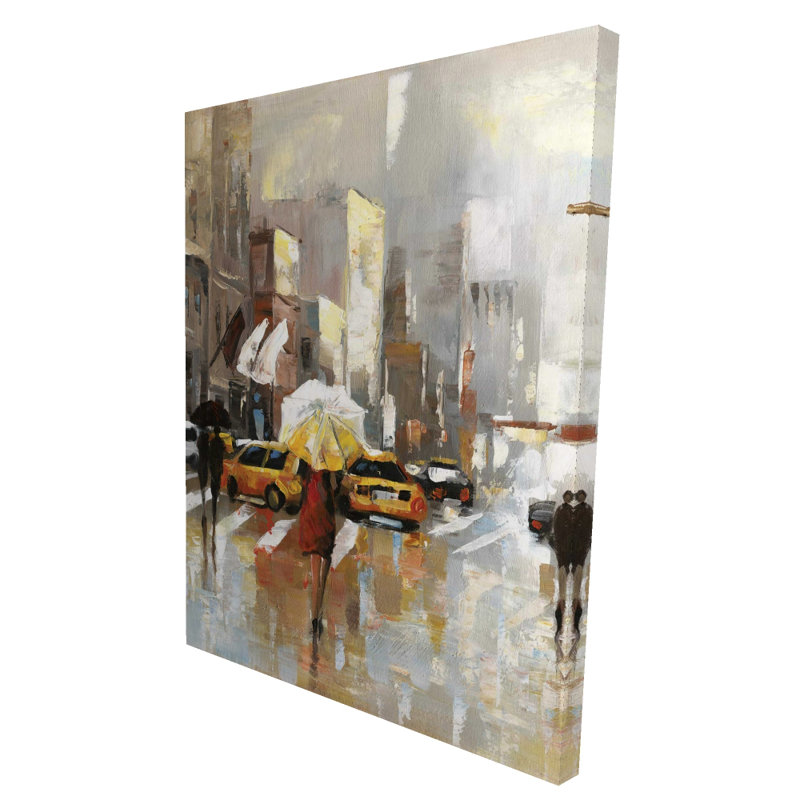 «People with Umbrellas Walk Across the Street» - Toile contemporaine, H 48 po x l 36 po