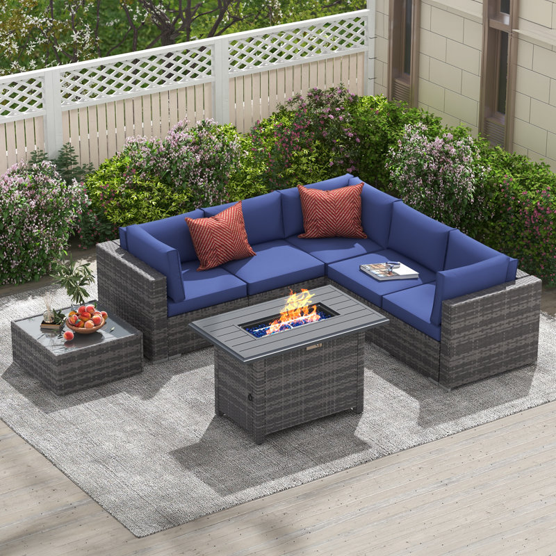 Ensemble de conversation d'extérieur pour 5 personnes avec coussins Caydin, Structure grise / coussin bleu marine
