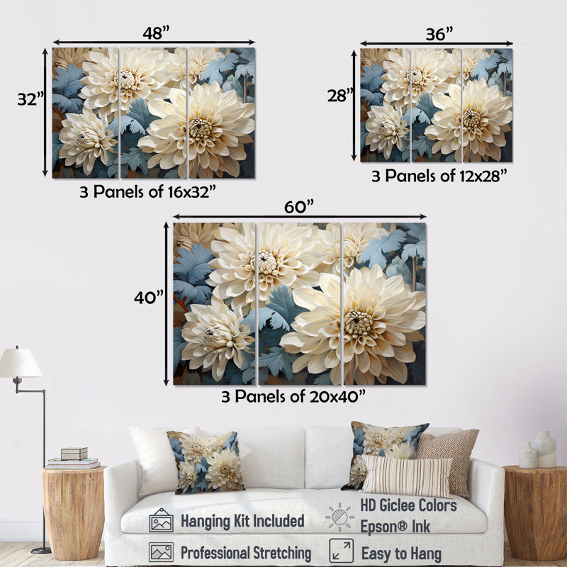 «Chrysanthemums White Blue Mosaic Garden II - Chrysanthemums», ensemble d'art sur toile, Toile tendue
