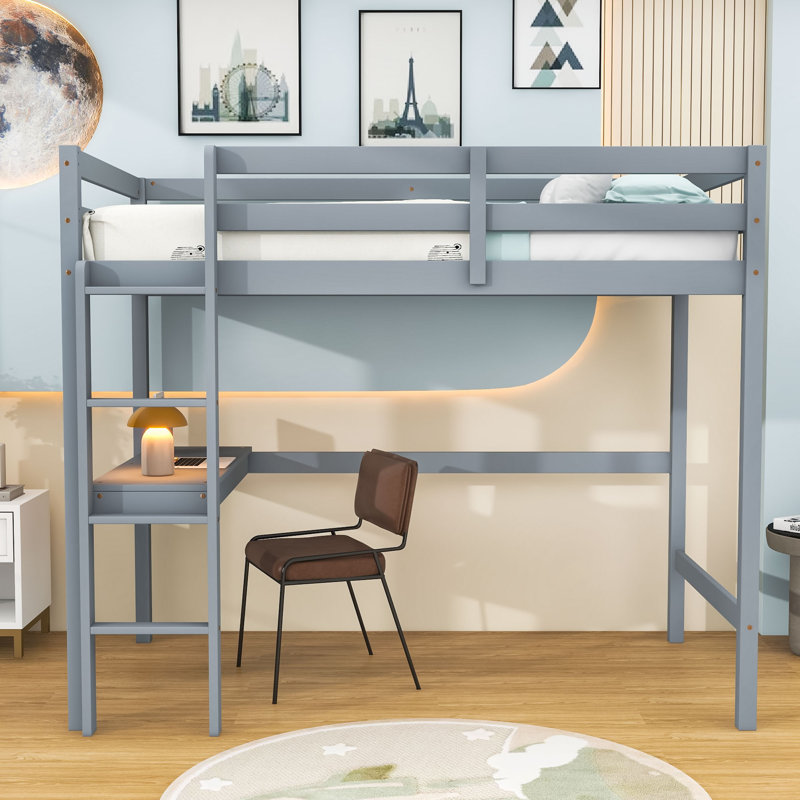 Twin Wooden Loft Bed With Built-In Desk And Safety Guardrail, Gray
