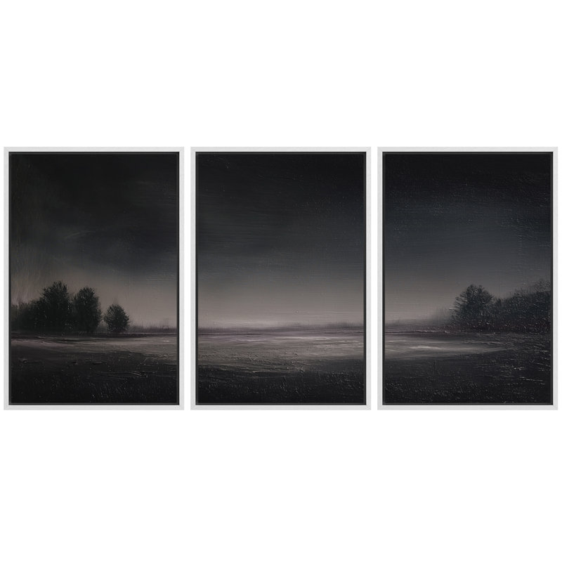 «Dark Minimalist Foggy River», œuvre d'art sur toile encadrée, impression sur toile encadrée, 3 pièces, H 36 po x l 72 po