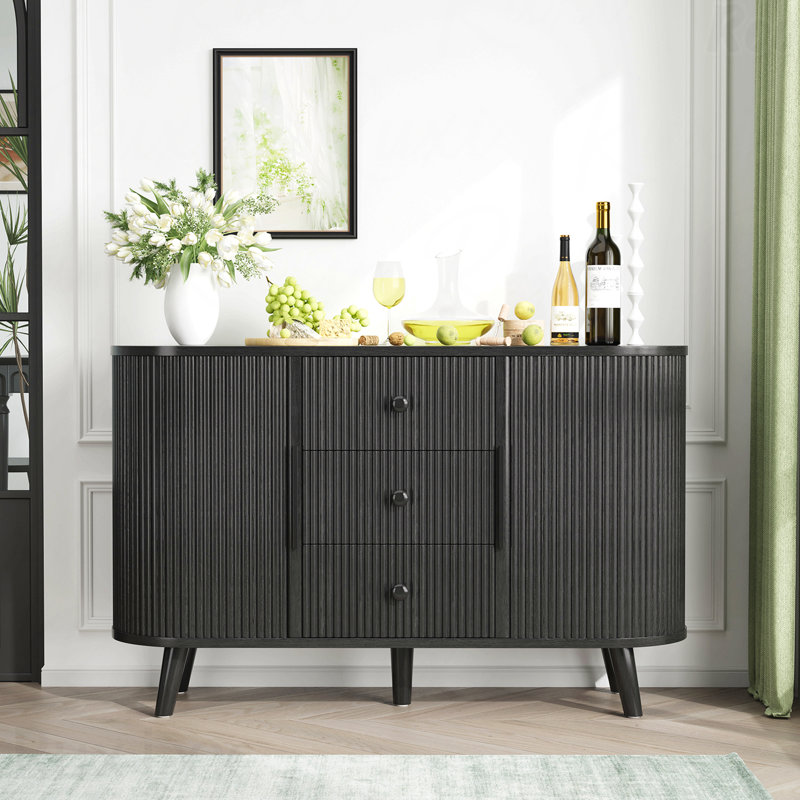 Black Sideboard Buffet Cabinet - 2 Sliding Tambour Doors, 3 Drawers, Adjustable Shelves, Storage Cabinet for Living Room