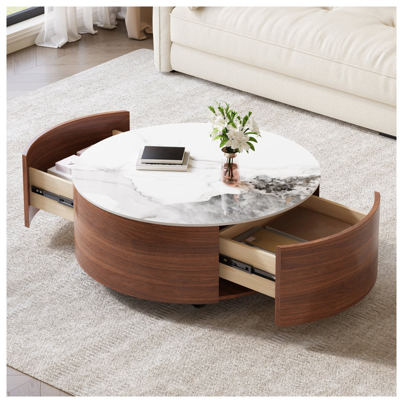 Table basse ronde moderne à roulettes, plateau en pierre frittée, 2 tiroirs, fini noyer