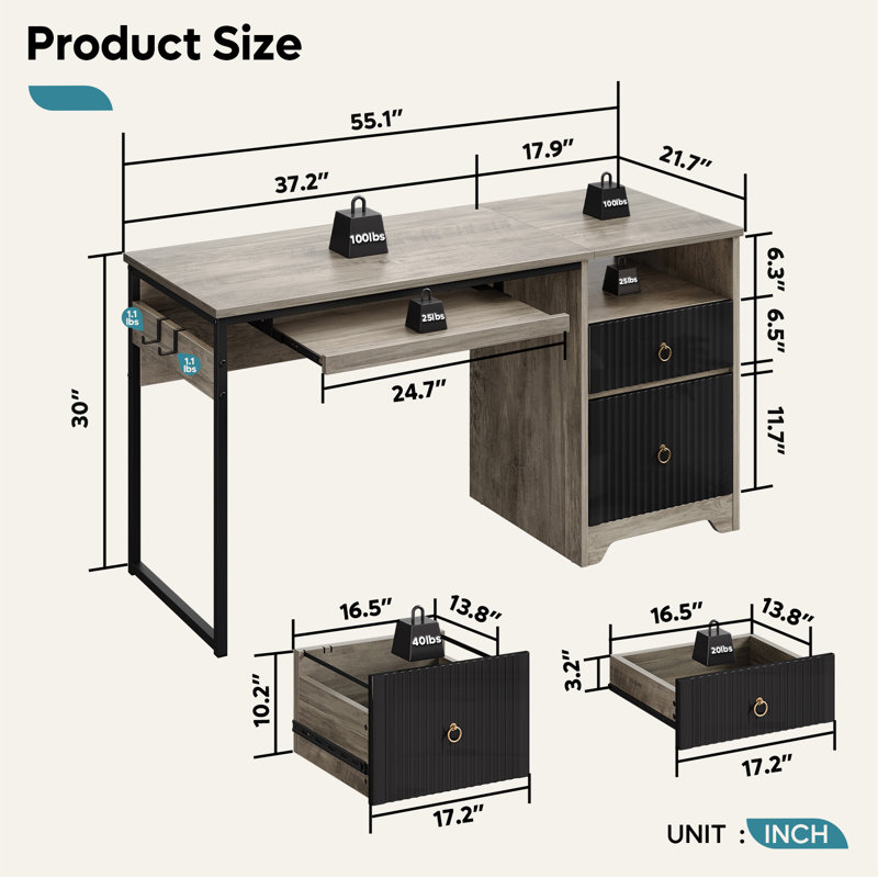 55'' Home Office Computer Desk with File and Storage Drawers,  Fluted Writing Desk with Keyboard Tray&Practical Hook and Open Compartments
