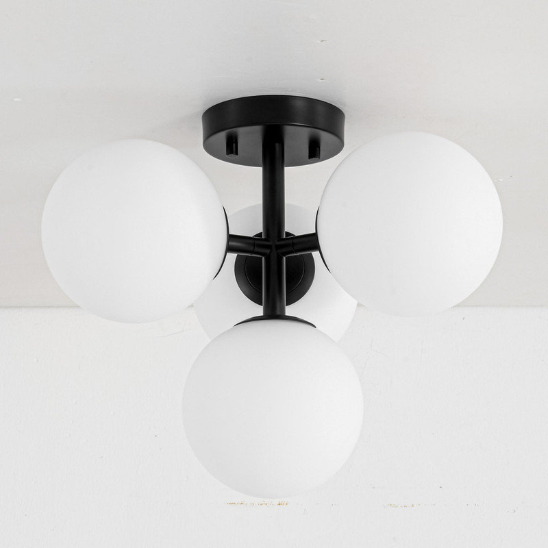 3-Light Modern Iron Glass Cover Globe Semi Flush Mount Lighting for Living Room/Bedroom, Matte Black