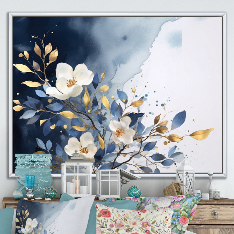 Fleurs blanches blanches et lilas - art mural floral, Cadre flottant blanc, H 12 po x l 20 po x P 1 po